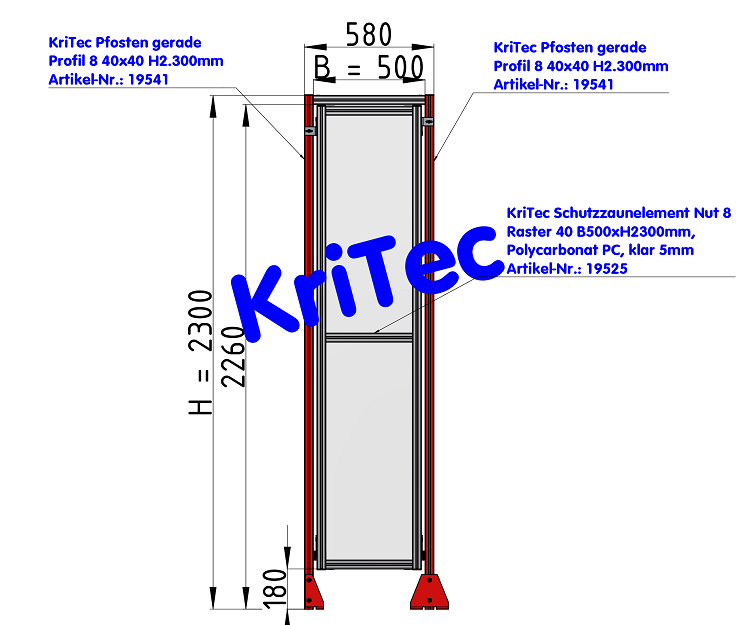 KriTec Schutzzaunelement Nut 8 Raster 40, B500xH2300mm, Polycarbonat PC, klar 5mm