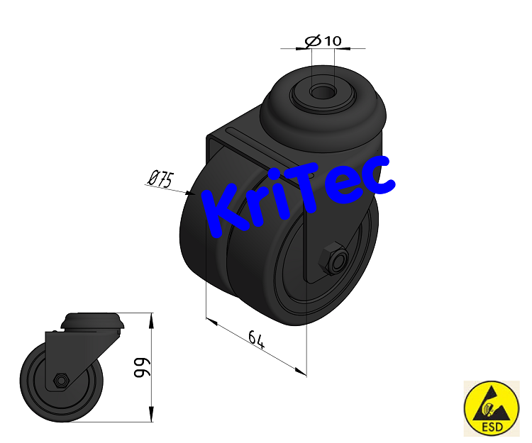 KriTec Doppel-Lenkrolle 2x D75, antistatisch