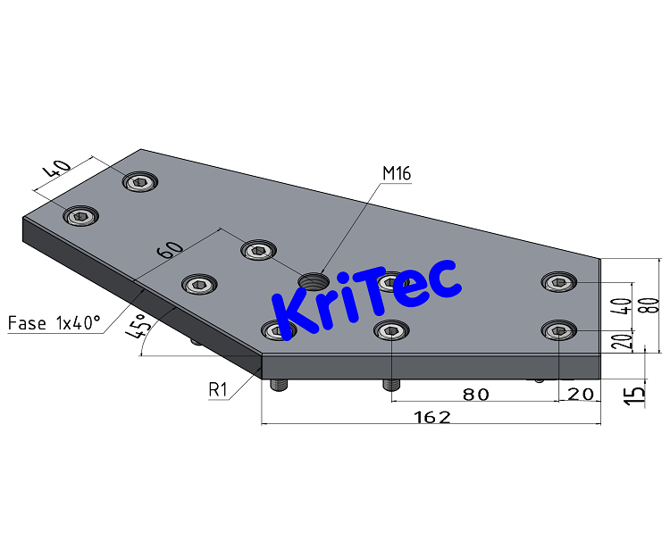 KriTec Transport- und Fußplatte X 8 80-45° M16, weißaluminium ähnlich RAL 9006
