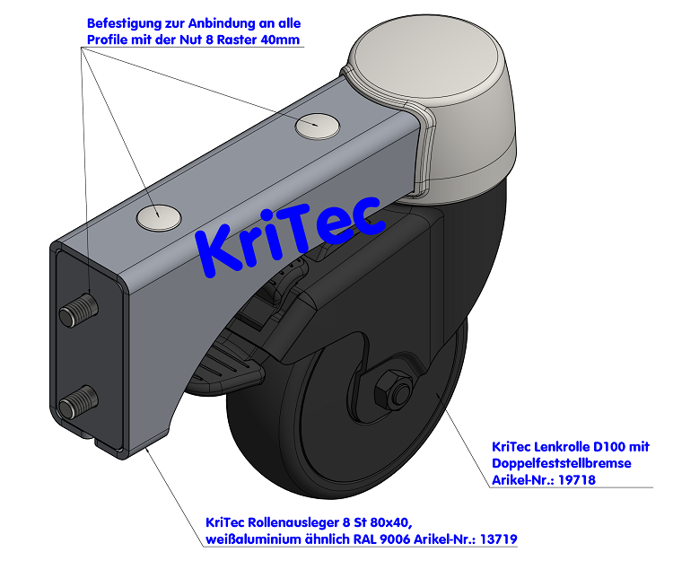 KriTec Rollenausleger 8 St 80x40 M12, weißaluminium ähnlich RAL 9006