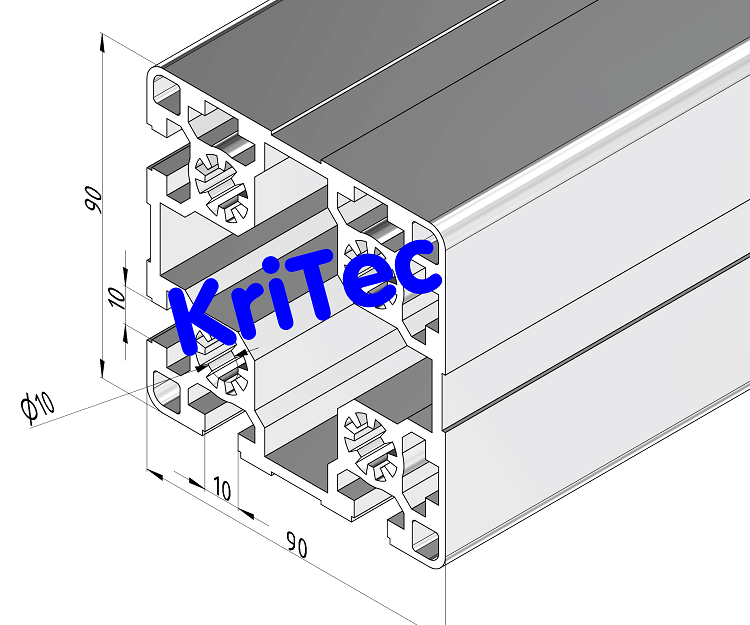 KriTec Profil 10 90x90 4N 90° leicht (4 Nuten geschlossen, 4 Nuten offen)