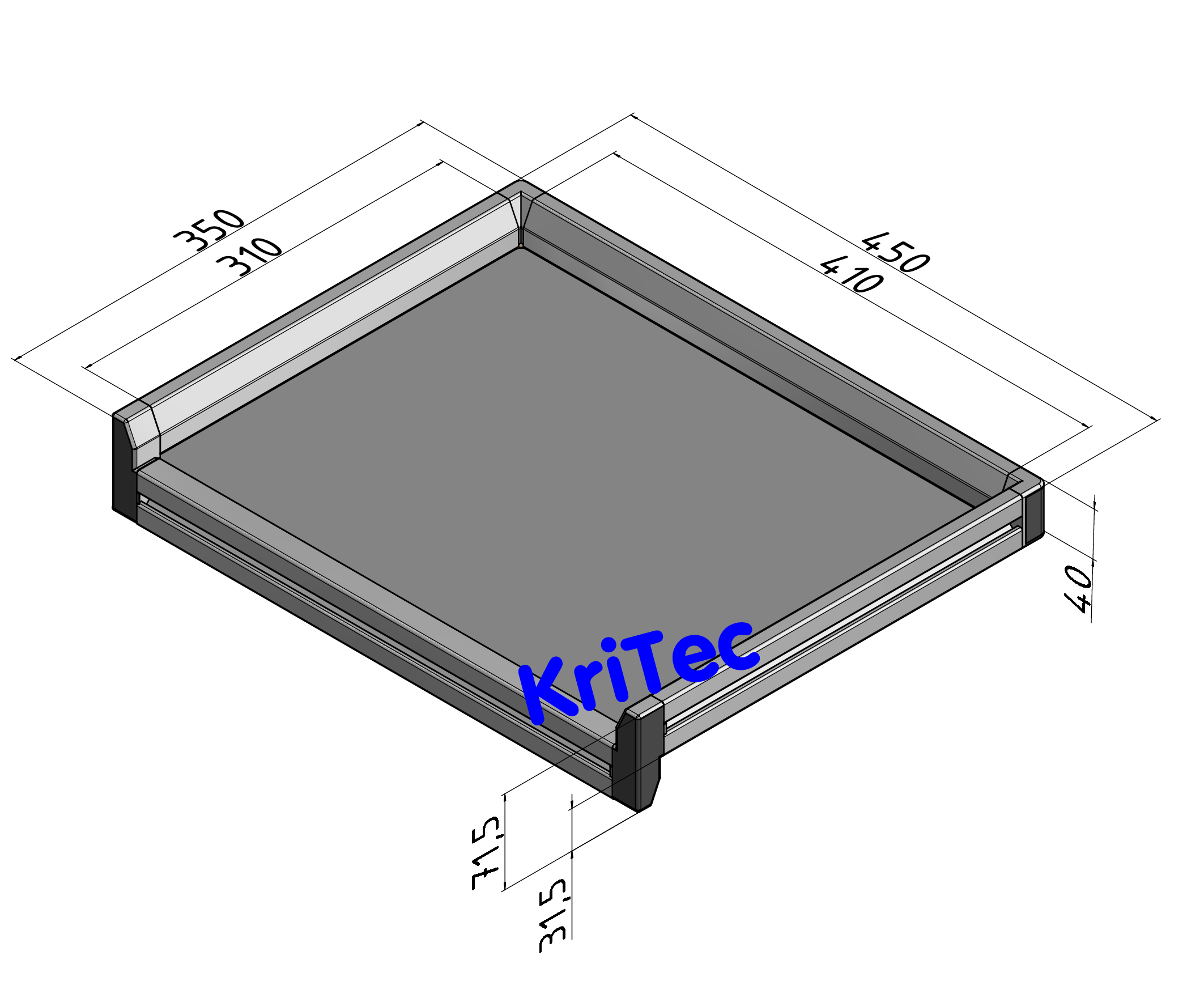 KriTec Tablett 4x3 ESD, Rand dreiseitig, Innenmaß 410x310mm, grau ähnl. RAL 7035