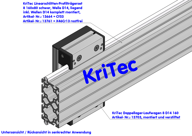 KriTec Linearschlitten-Profilträgerset 8 160x80 schwer, Welle D14, liegend