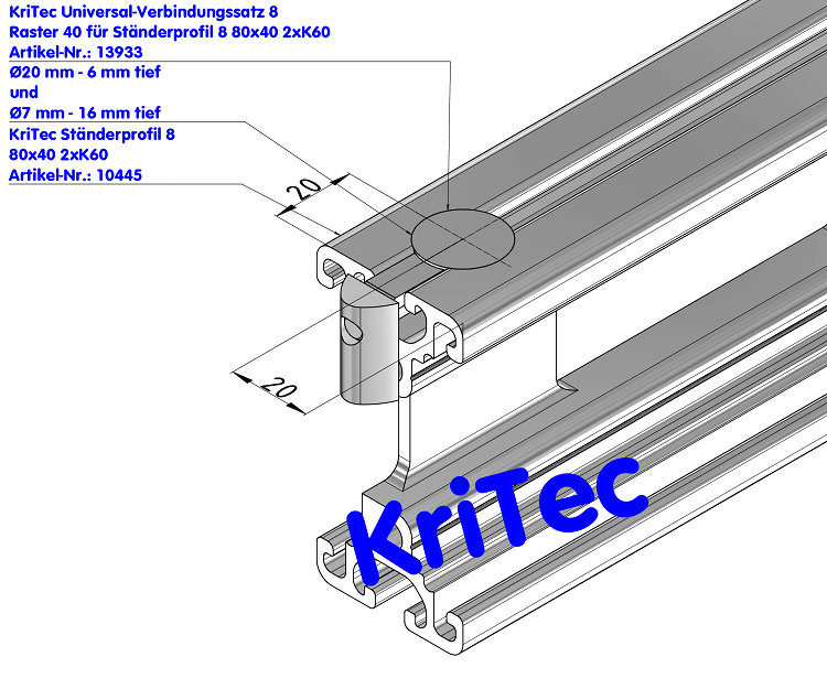 KriTec Universal-Verbindungssatz 8 Raster 40 für Ständerprofil 8 80x40 2xK60