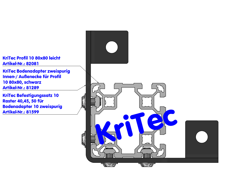 KriTec Bodenadapter zweispurig Innen-/ Außenecke für Profil 10 80x80, schwarz