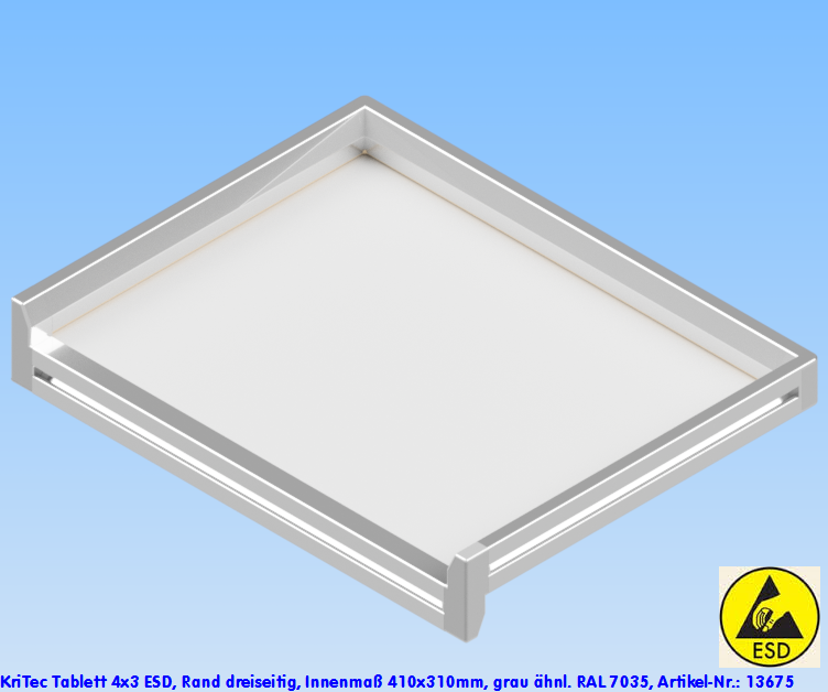 KriTec Tablett 4x3 ESD, Rand dreiseitig, Innenmaß 410x310mm, grau ähnl. RAL 7035