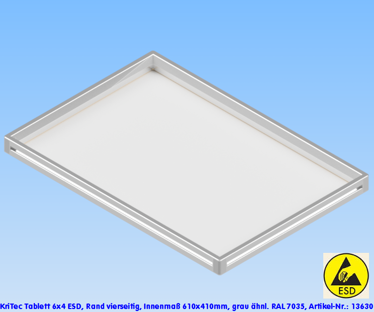 KriTec Tablett 6x4 ESD, Rand vierseitig, Innenmaß 610x410mm, grau ähnl. 7035