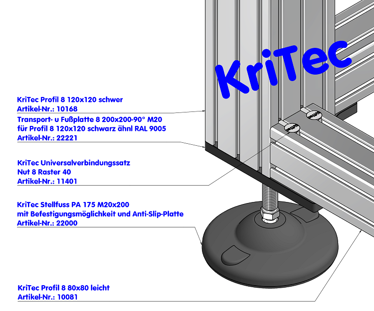 KriTec Transport- und Fußplatte 8 200x200-90° M20 für Profil 8 120x120 schwarz