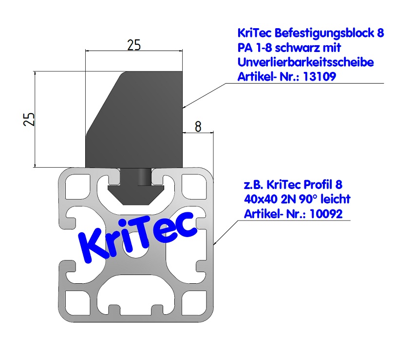 KriTec Befestigungsblock 8 PA 1-8 schwarz mit Unverlierbarkeitsscheibe