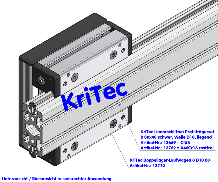 KriTec Linearschlitten-Profilträgerset 8 80x40 schwer, Welle D10 rostfrei, liegend