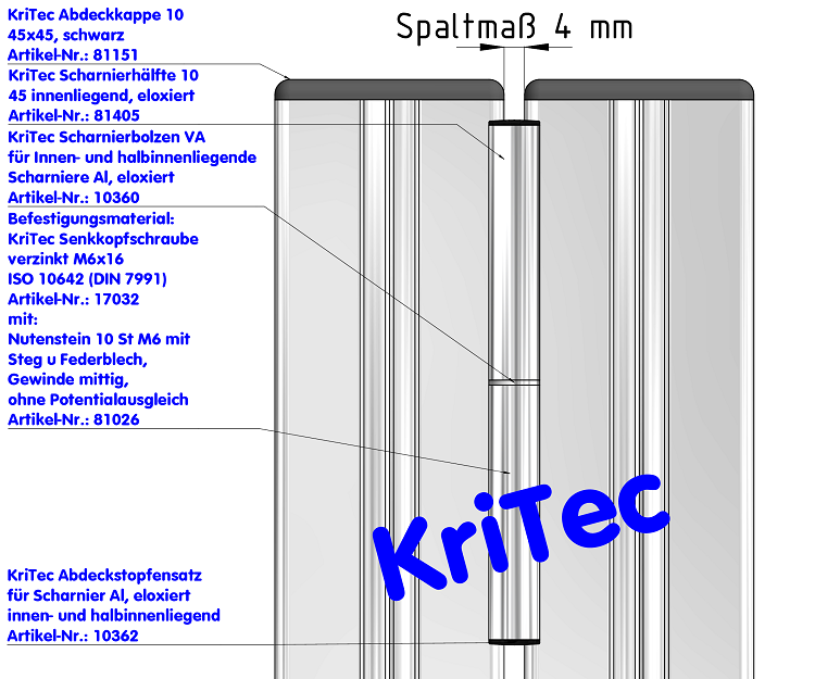 KriTec Scharnierhälfte 10 45 innenliegend, eloxiert