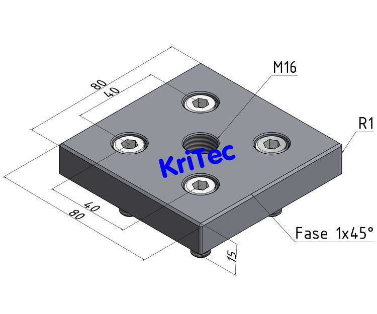 KriTec Transport- und Fußplatte X 8 80x80, M16, weißaluminium ähnlich RAL 9006