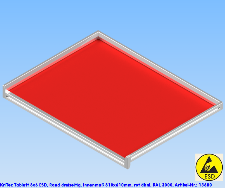 KriTec Tablett 8x6 ESD, Rand dreiseitig, Innenmaß 810x610mm, rot ähnl. RAL 3000