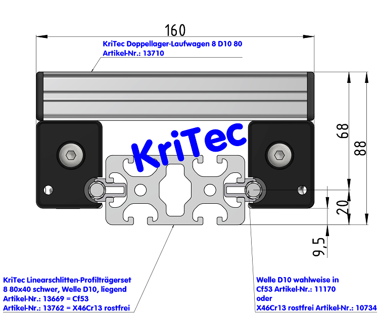 KriTec Linearschlitten-Profilträgerset 8 80x40 schwer, Welle D10, liegend