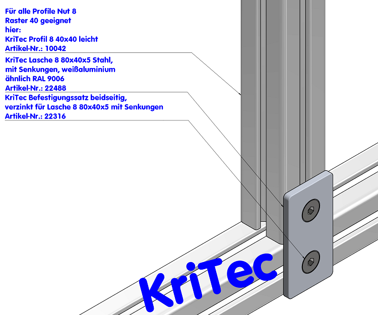 KriTec Lasche 8 80x40x5 Stahl, mit Senkungen, weißaluminium ähnlich RAL 9006