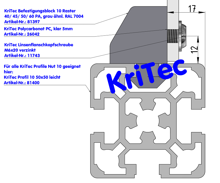 KriTec Befestigungsblock 10 Raster 40, 45, 50, 60 PA, grau ähnl. RAL 7004