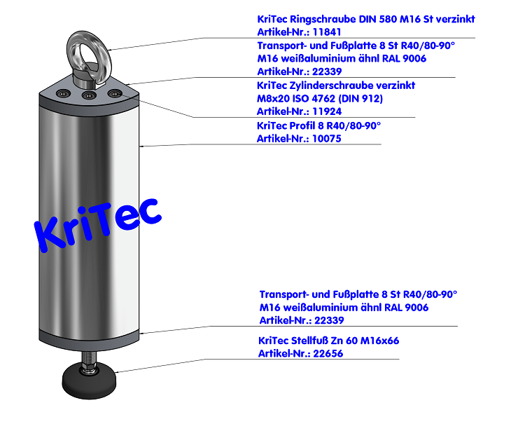 KriTec Transport- und Fußplatte 8 St R40/80-90°, M16, weißaluminium ähnlich RAL 9006