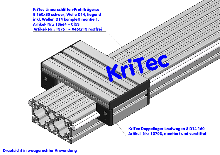 KriTec Linearschlitten-Profilträgerset 8 160x80 schwer, Welle D14, liegend