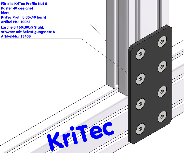 KriTec Lasche 8 160x80x5 Stahl, mit Senkungen, schwarz