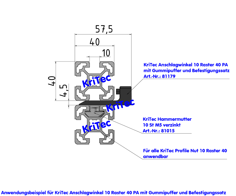 KriTec Anschlagwinkel 10 Raster 40 PA mit Gummipuffer und Befestigungssatz