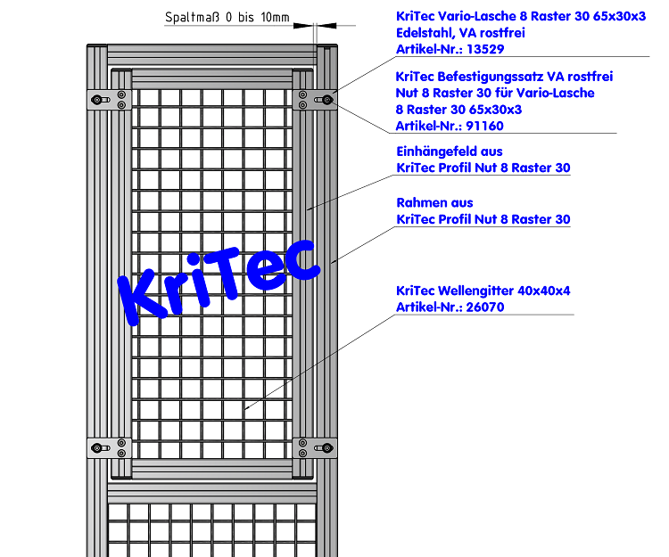 KriTec Vario-Lasche 8 Raster 30 65x30x3 Edelstahl, VA rostfrei