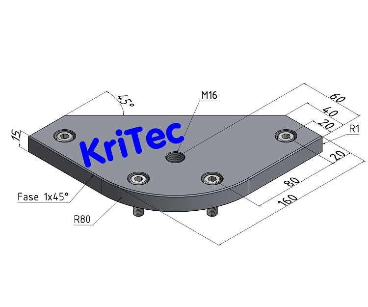 KriTec Transport- und Fußplatte X 8 40 R80-90° M16, weißaluminium ähnlich RAL 9006