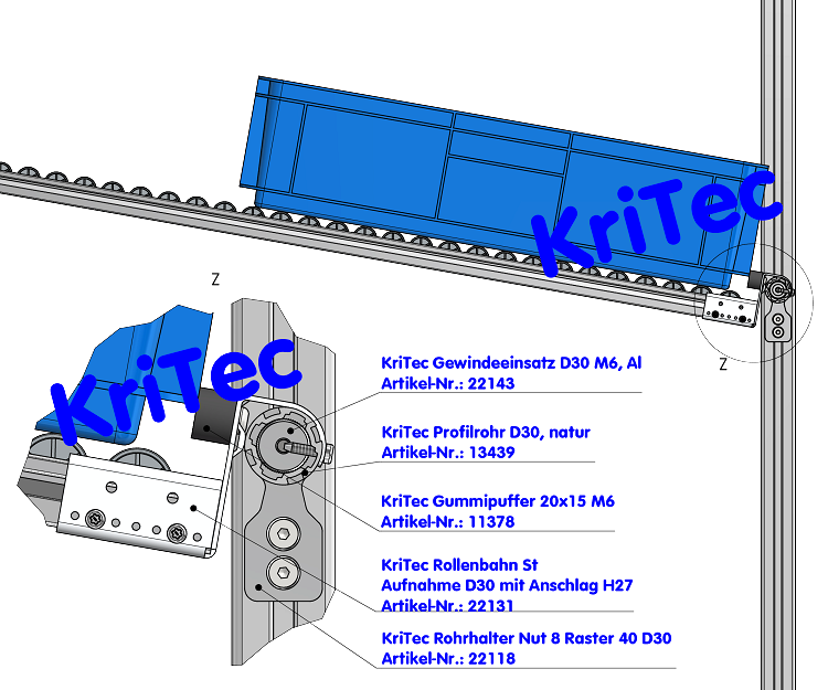 KriTec Rollenbahn St Aufnahme D30 mit Anschlag H27