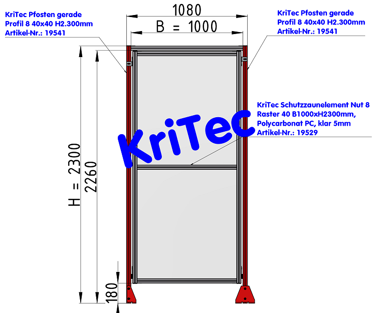 KriTec Schutzzaunelement Nut 8 Raster 40, B1000xH2300mm, Polycarbonat PC, klar 5mm