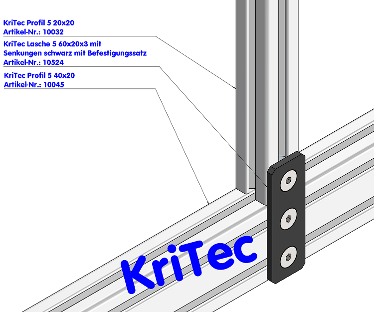 KriTec Lasche 5 60x20x3 mit Senkungen schwarz