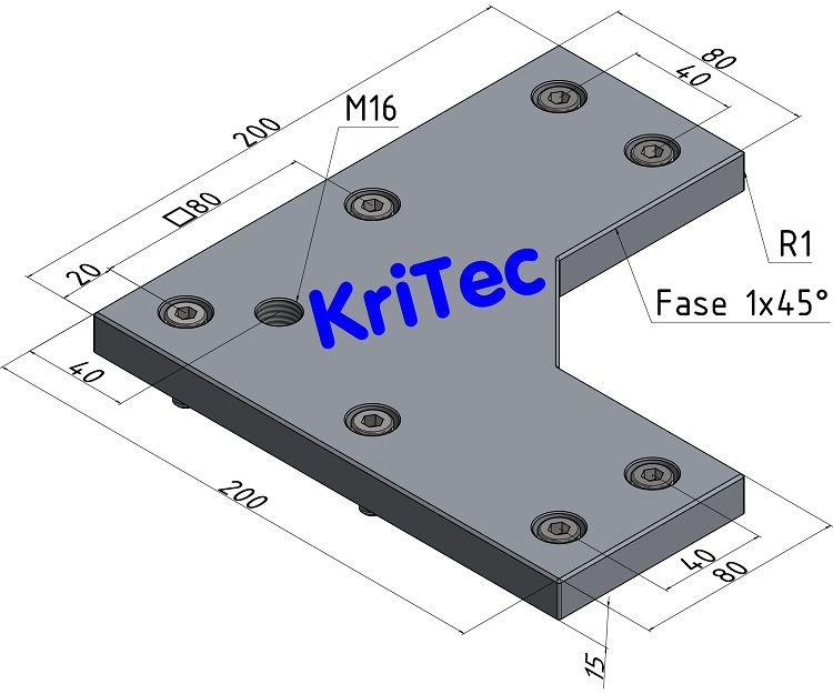 KriTec Transport- und Fußplatte X 8 200x200-90° M16, weißaluminium ähnlich RAL 9006