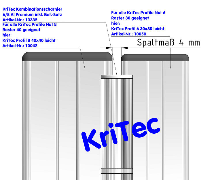 KriTec Kombinationsscharnier 6/8 Premium (Nut 6 Raster 30 und Nut 8 Raster 40)