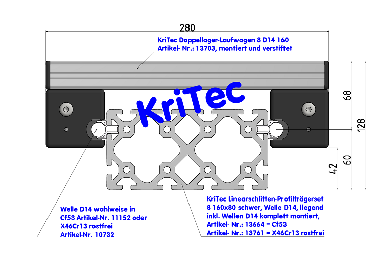 KriTec Linearschlitten-Profilträgerset 8 160x80 schwer, Welle D14, liegend