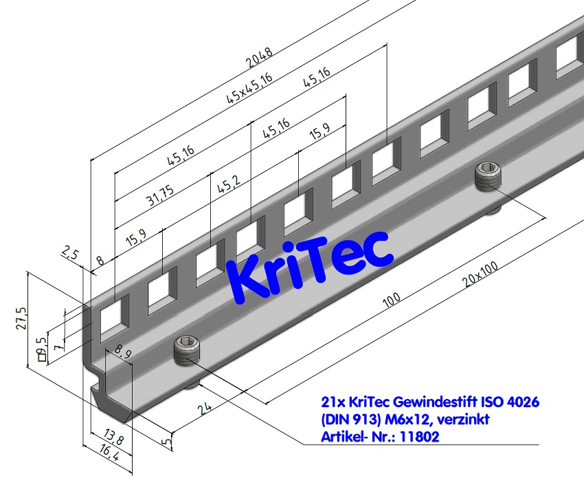 KriTec Winkelleiste 8 Al 19'' à 2.048mm inkl. 21 Gewindestiften DIN 913-M6x12 St, verzinkt
