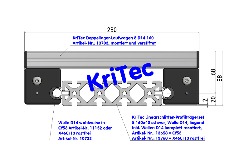 KriTec Linearschlitten-Profilträgerset 8 160x40 schwer, Welle D14, liegend