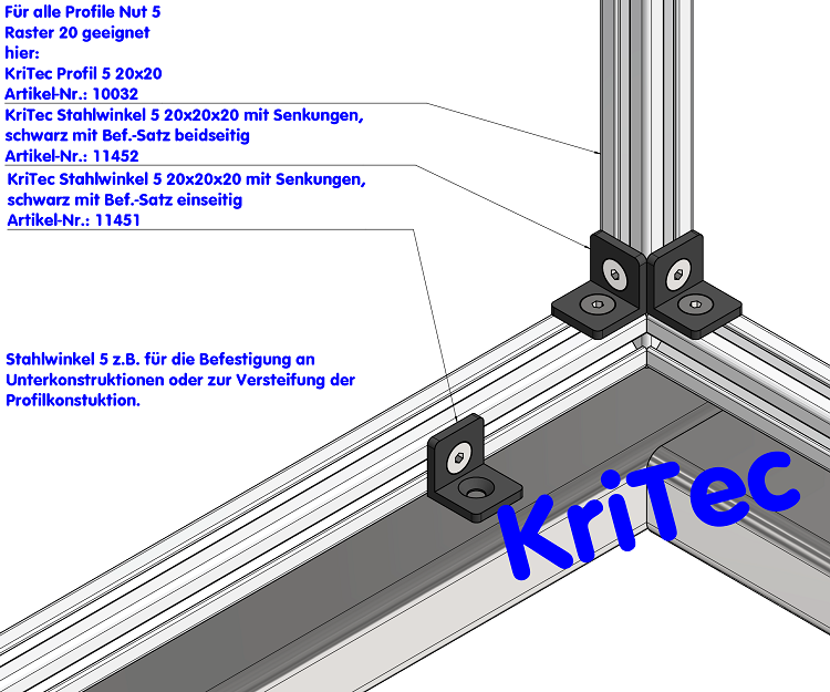 KriTec Stahlwinkel 5 20x20x20 mit Senkungen, schwarz
