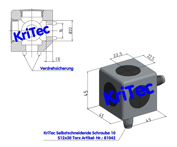 KriTec Würfelverbindungssatz 10 45x45x45 ECK 3D, Abdeckkappe schwarz