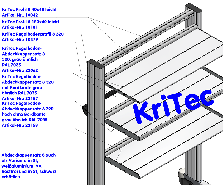 KriTec Regalboden-Abdeckkappensatz 8 320 mit Bordkante grau ähnlich RAL 7035
