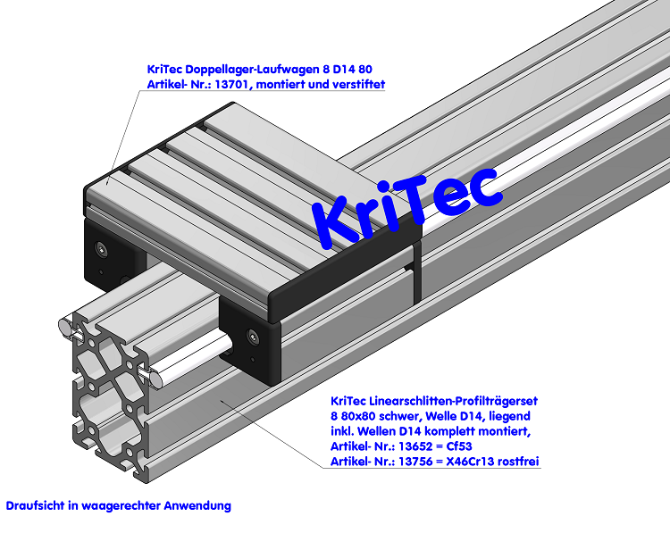 KriTec Linearschlitten-Profilträgerset 8 120x80 schwer, Welle D14, hochkant