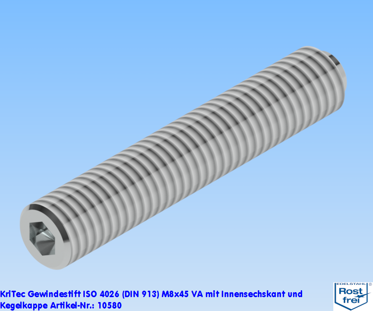 KriTec Gewindestift ISO 4026 (DIN 913) M8x45 VA rostfrei mit Innensechskant und Kegelkappe