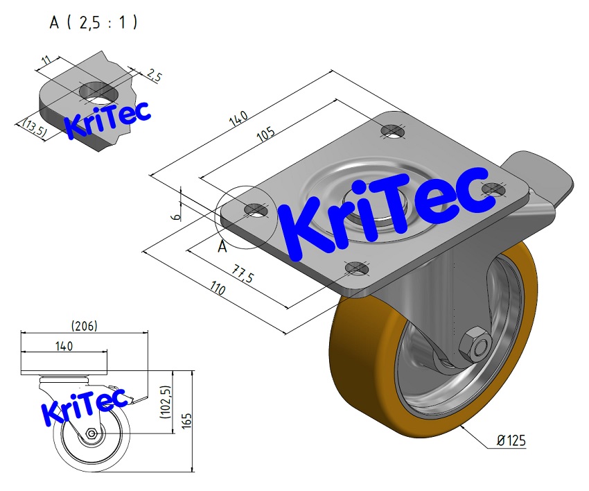 KriTec Schwerlast-Lenkrolle D125 mit Feststeller auf der Vorlaufseite