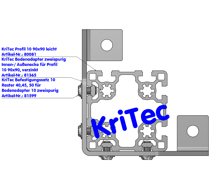 KriTec Bodenadapter zweispurig Innen-/ Außenecke für Profil 10 90x90, verzinkt