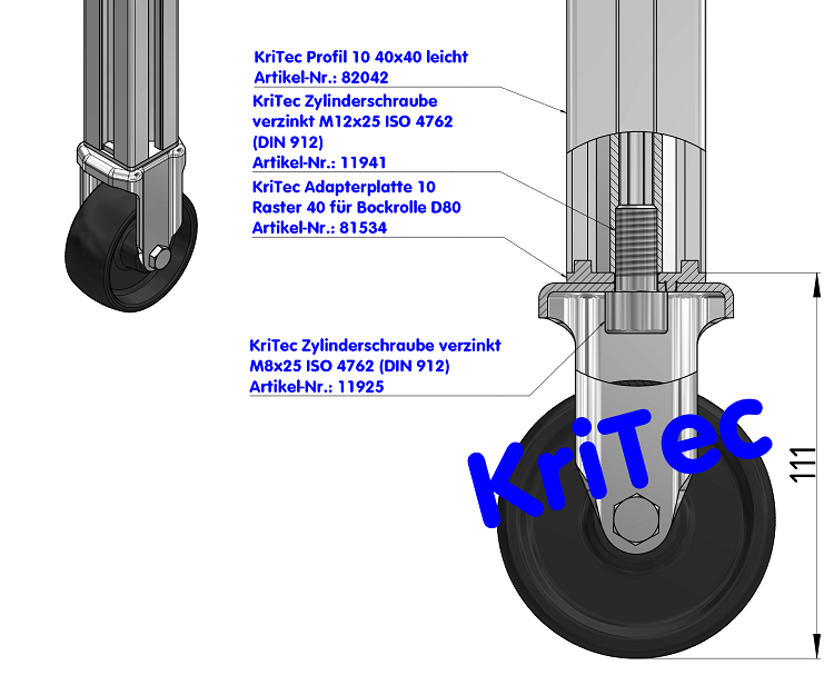 KriTec Adapterplatte 10 Raster 40 für Bockrolle D80