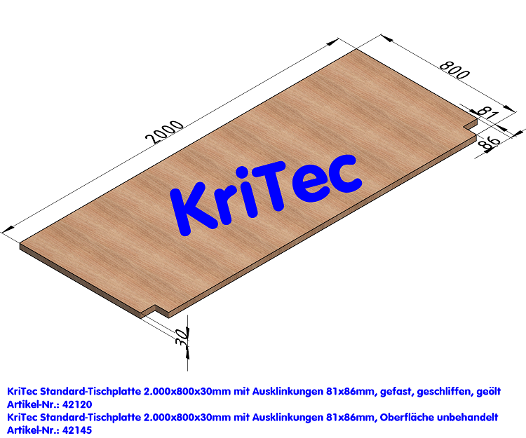 KriTec Standard-Tischplatte 2.000x800x30mm mit Ausklinkungen 81x86mm