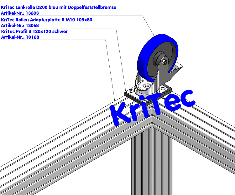 KriTec Lenkrolle D200 blau mit Doppelfeststellbremse