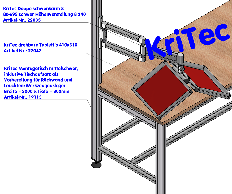 KriTec Montagetisch mittelschwer, inklusiveTischaufsatz und Ausleger, 2000x800mm