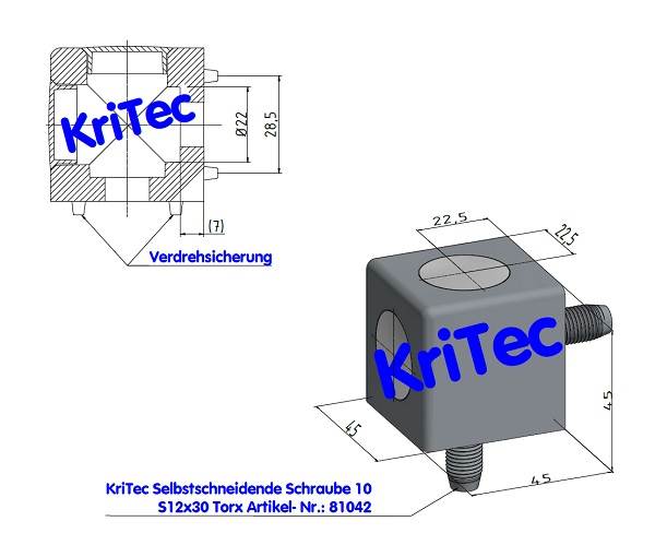 KriTec Würfelverbindungssatz 10 45x45x45 Winkel 2D, Abdeckkappe silber