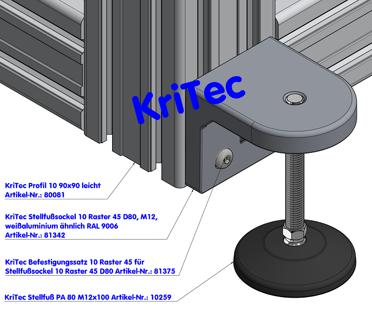 KriTec Stellfußsockel 10 Raster 45 D80, weißaluminium ähnlich RAL 9006