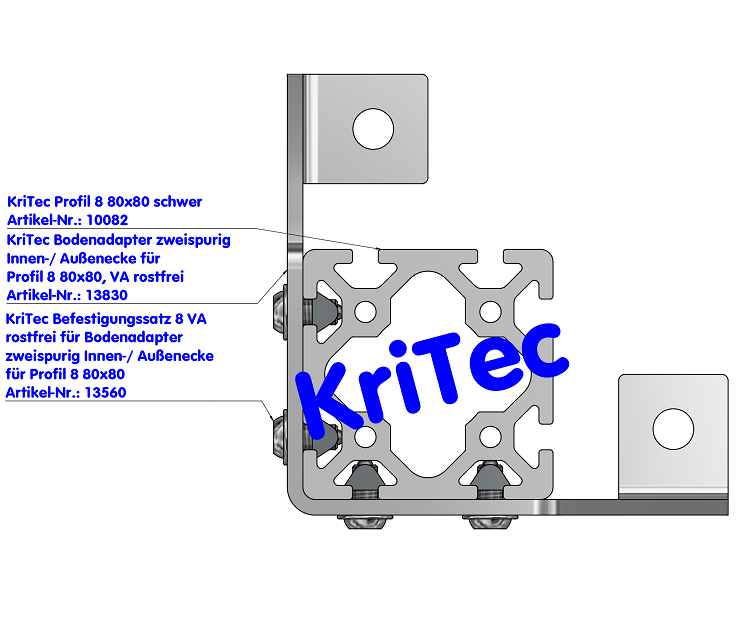 KriTec Bodenadapter zweispurig Innen-/ Außenecke für Profil 8 80x80, VA rostfrei