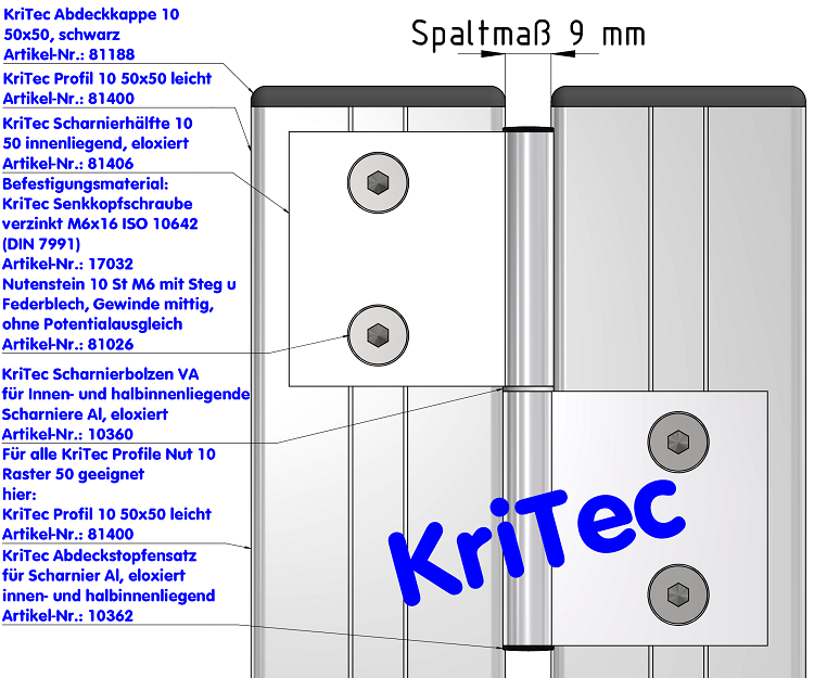 KriTec Scharnierhälfte 10 50 innenliegend, eloxiert