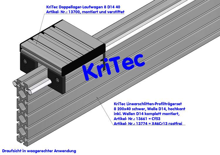 KriTec Linearschlitten-Profilträgerset 8 200x40 schwer, Welle D14, hochkant